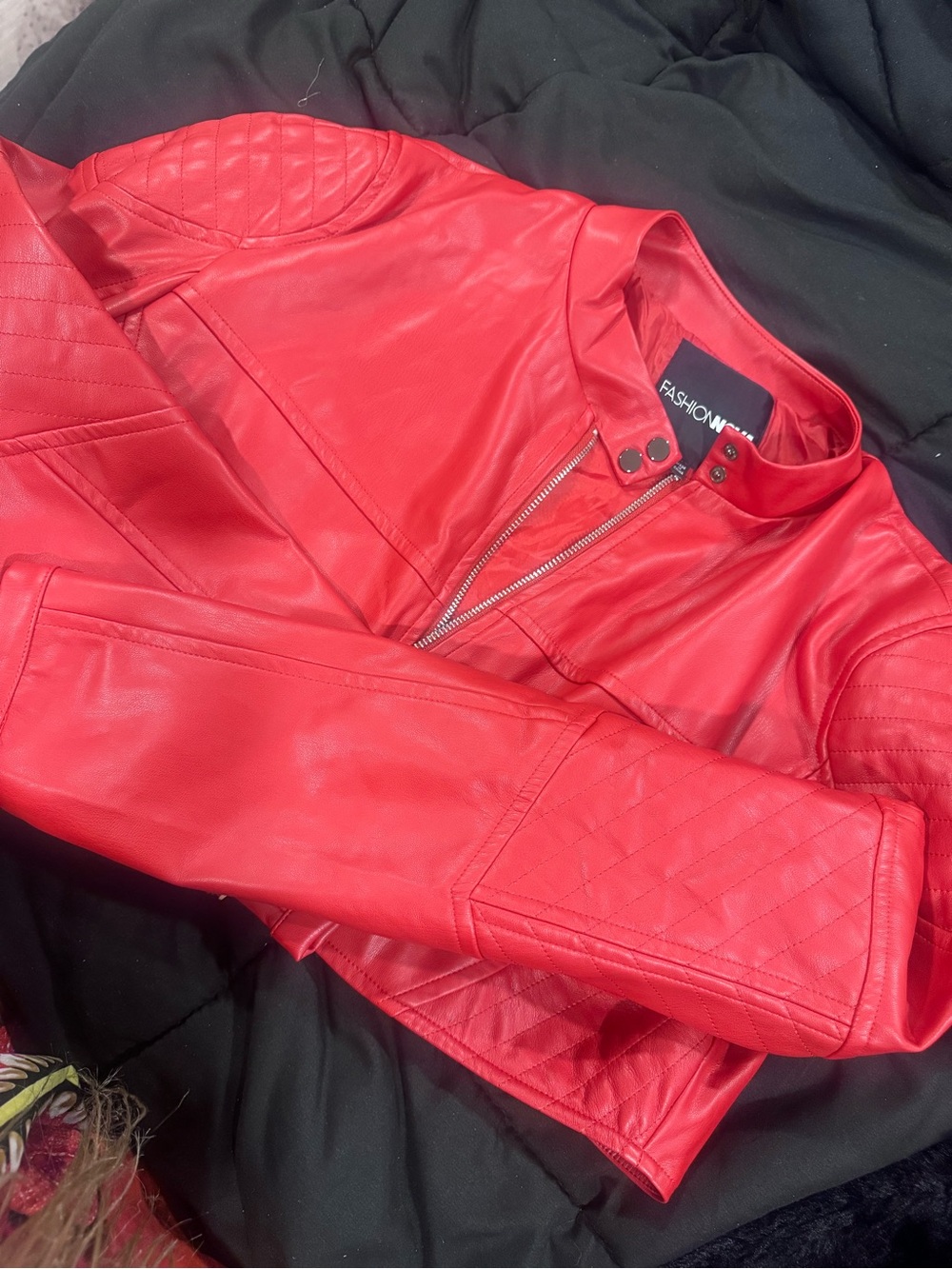 Fashion Nova Bold Red Quilted Faux Leather Moto Jacket